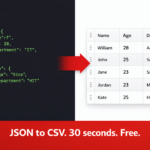JSON code on the left converting to a clean CSV spreadsheet on the right using a free online JSON to CSV converter