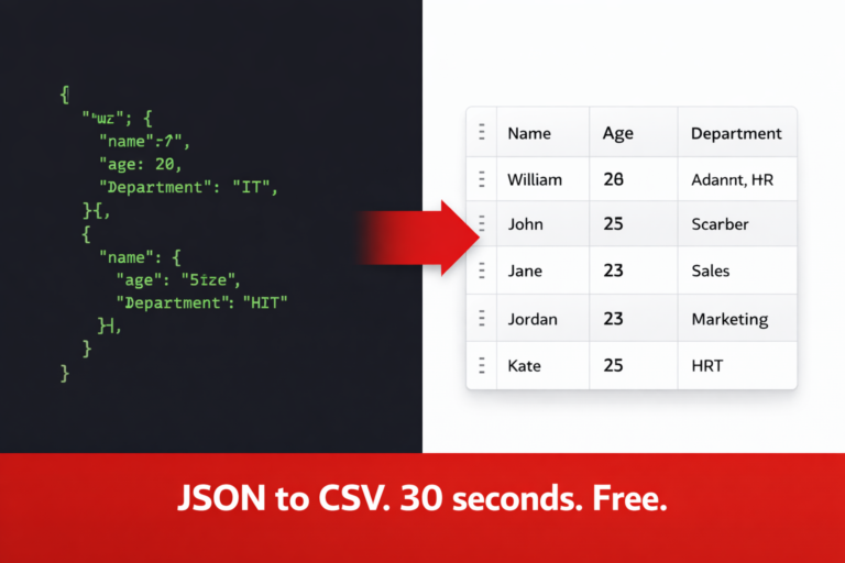 JSON code on the left converting to a clean CSV spreadsheet on the right using a free online JSON to CSV converter